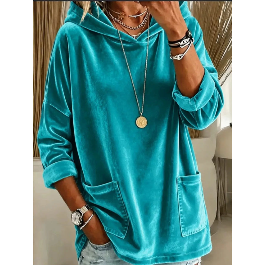 Velvet Front Pockets Hoodie Teal / S Apparel and Accessories