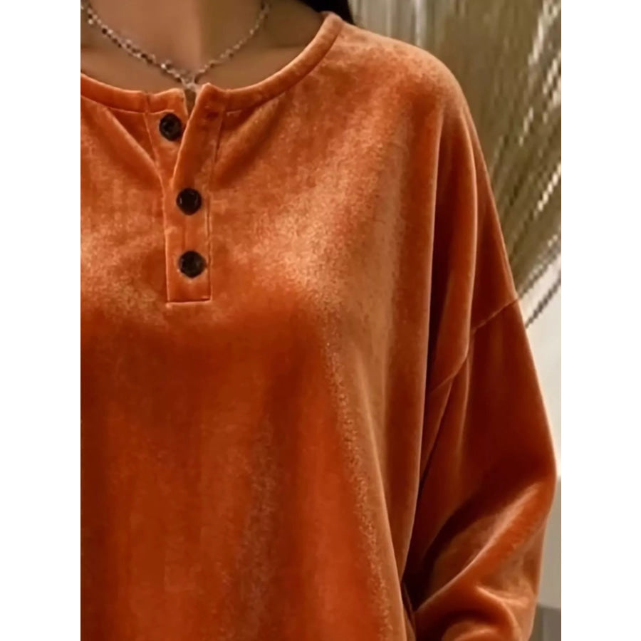 Velvet Henley Top with Button Detail Apparel and Accessories