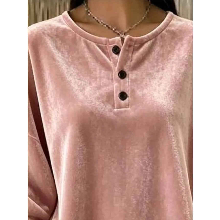 Velvet Henley Top with Button Detail Apparel and Accessories