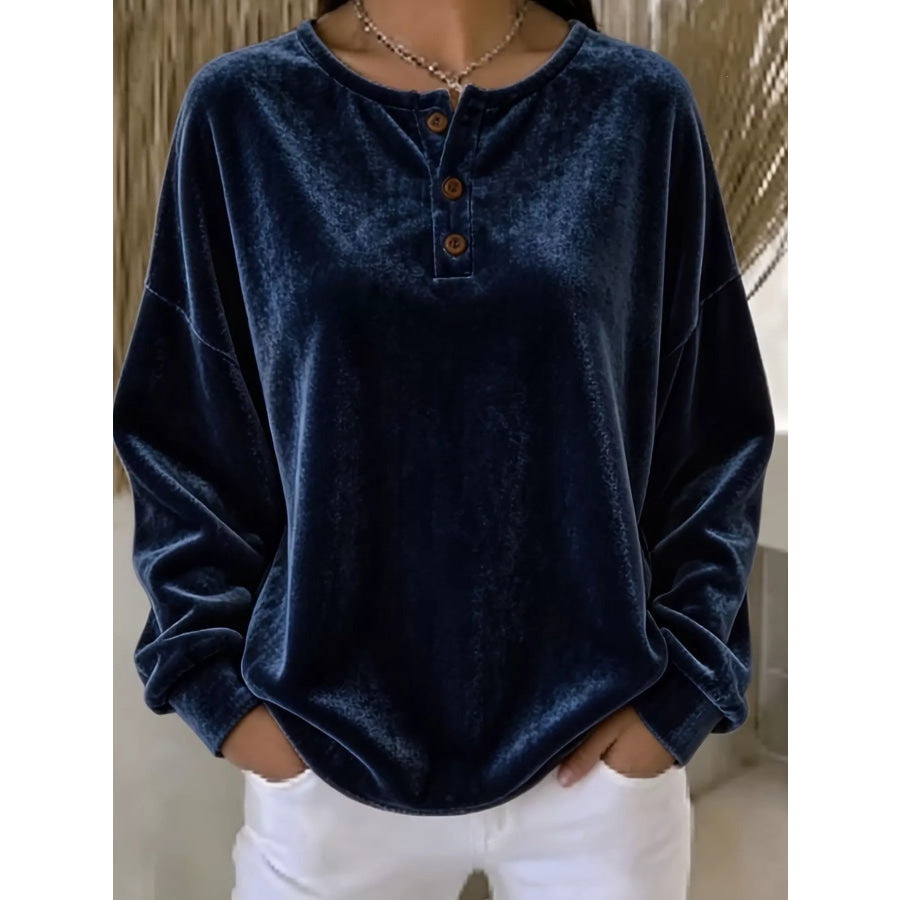 Velvet Henley Top with Button Detail Navy / S Apparel and Accessories