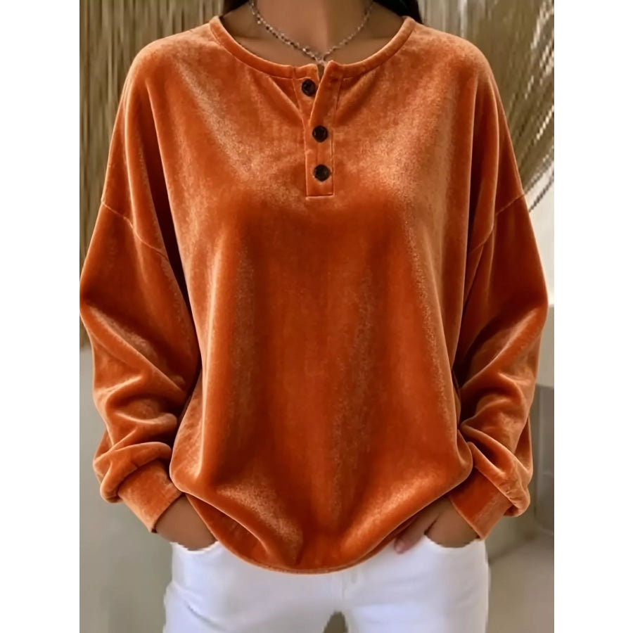 Velvet Henley Top with Button Detail Orange / S Apparel and Accessories