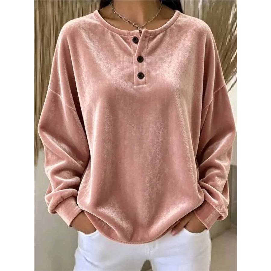 Velvet Henley Top with Button Detail Pink / S Apparel and Accessories