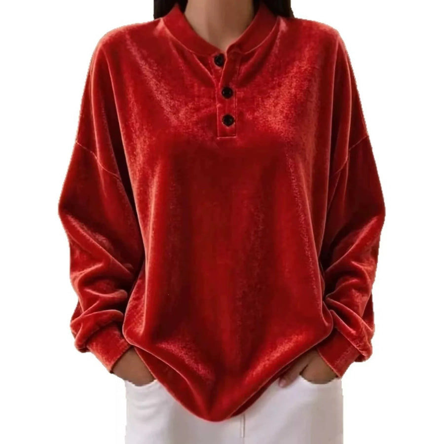 Velvet Henley Top with Button Detail Red / S Apparel and Accessories