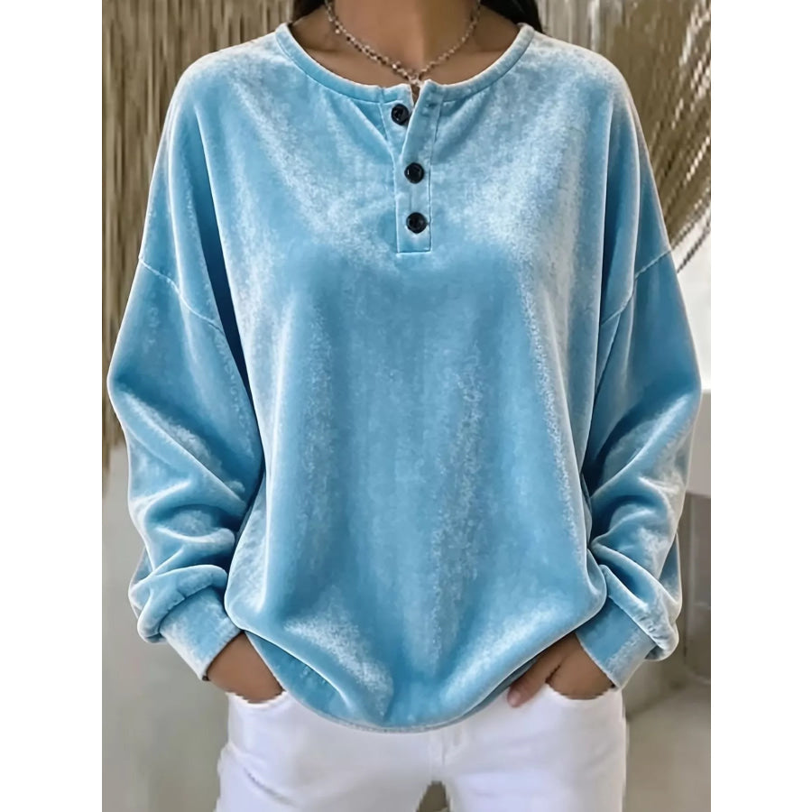 Velvet Henley Top with Button Detail Sky Blue / S Apparel and Accessories