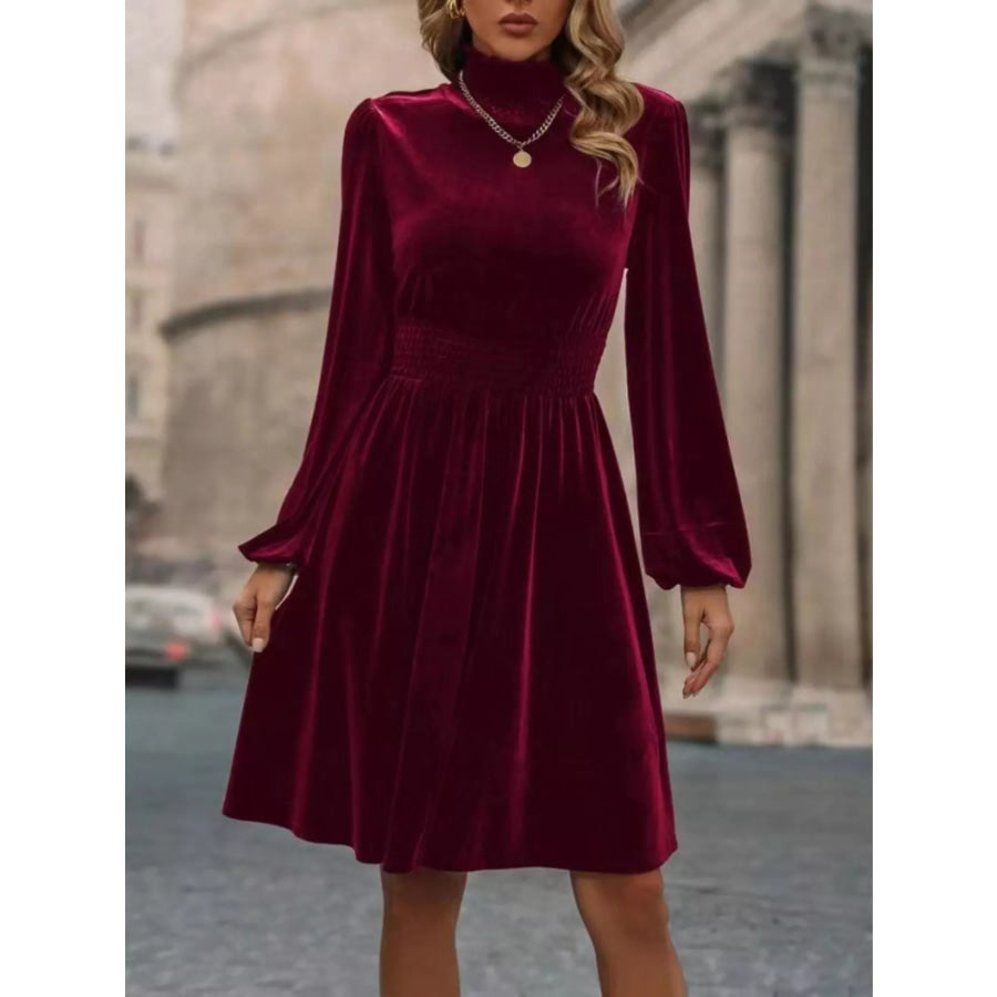 Velvet High Neck Long Sleeve A-Line Dress Apparel and Accessories