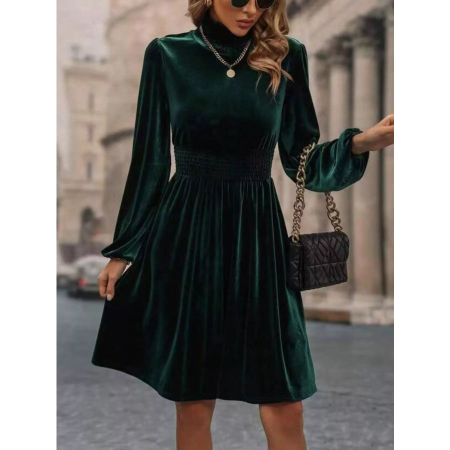 Velvet High Neck Long Sleeve A-Line Dress Apparel and Accessories