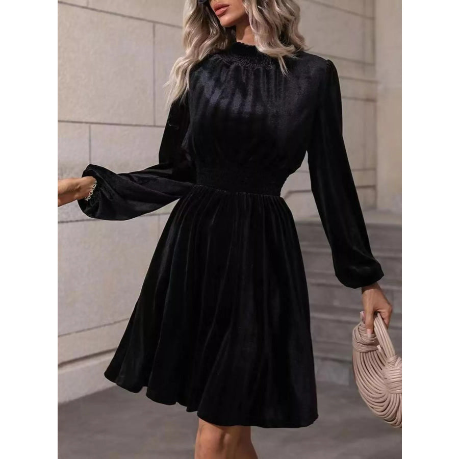 Velvet High Neck Long Sleeve A-Line Dress Apparel and Accessories