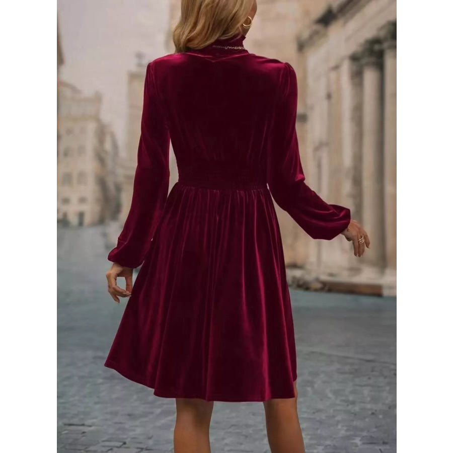 Velvet High Neck Long Sleeve A-Line Dress Apparel and Accessories