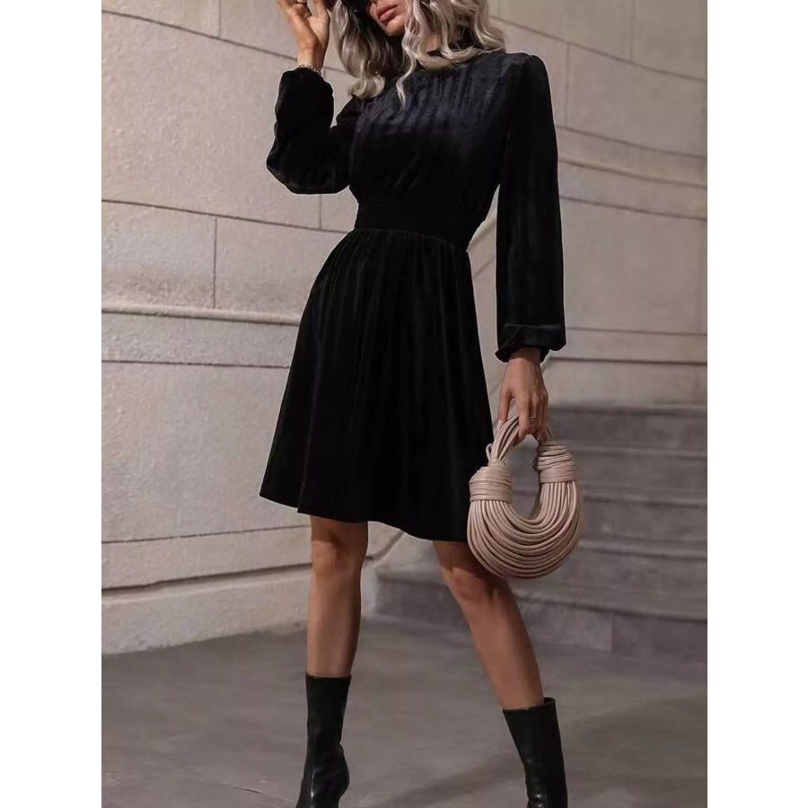 Velvet High Neck Long Sleeve A-Line Dress Black / S Apparel and Accessories