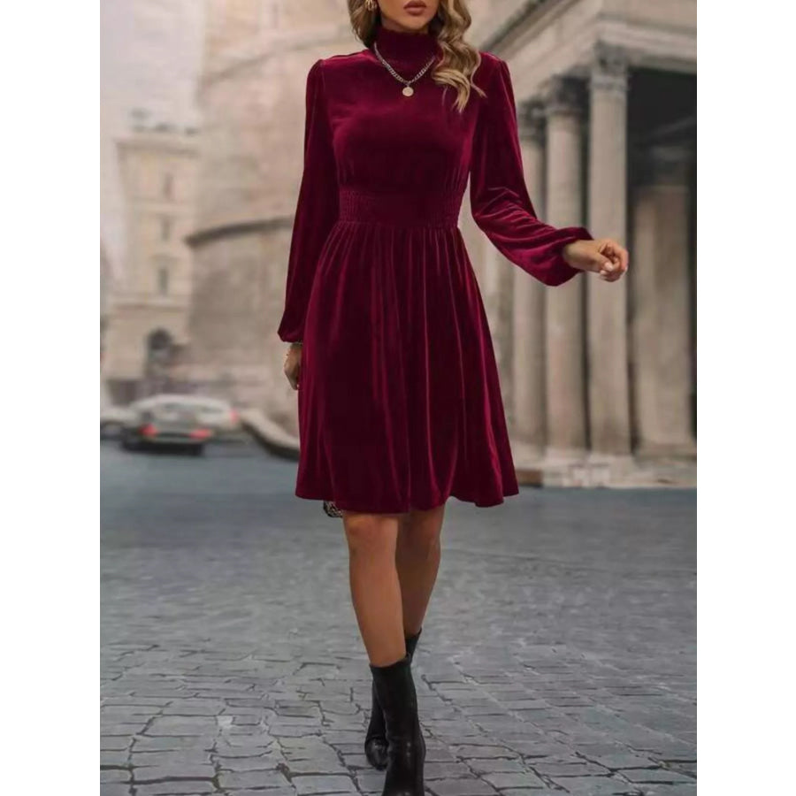 Velvet High Neck Long Sleeve A-Line Dress Burgundy / S Apparel and Accessories