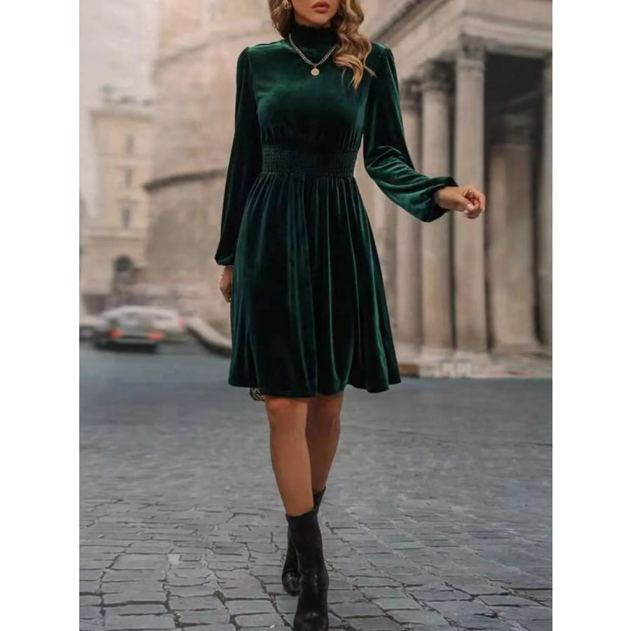 Velvet High Neck Long Sleeve A-Line Dress Dark Green / S Apparel and Accessories