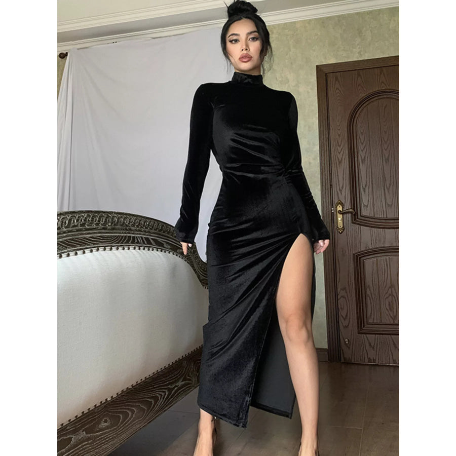 Velvet High-Neck Slit Dress Black / S Apparel and Accessories