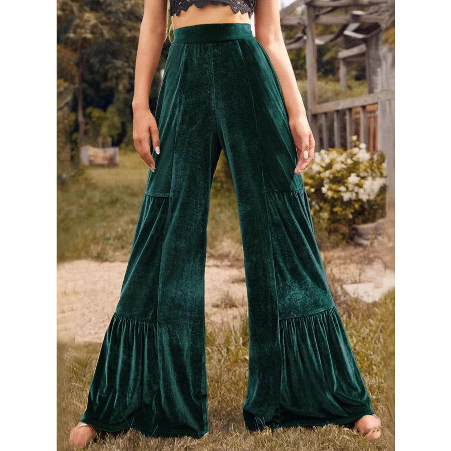 Velvet High Waist Wide Leg Pants Dark Green / S Apparel and Accessories