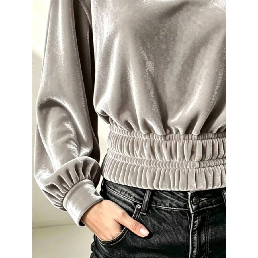 Velvet Johnny Collar Long Sleeve Blouse Apparel and Accessories