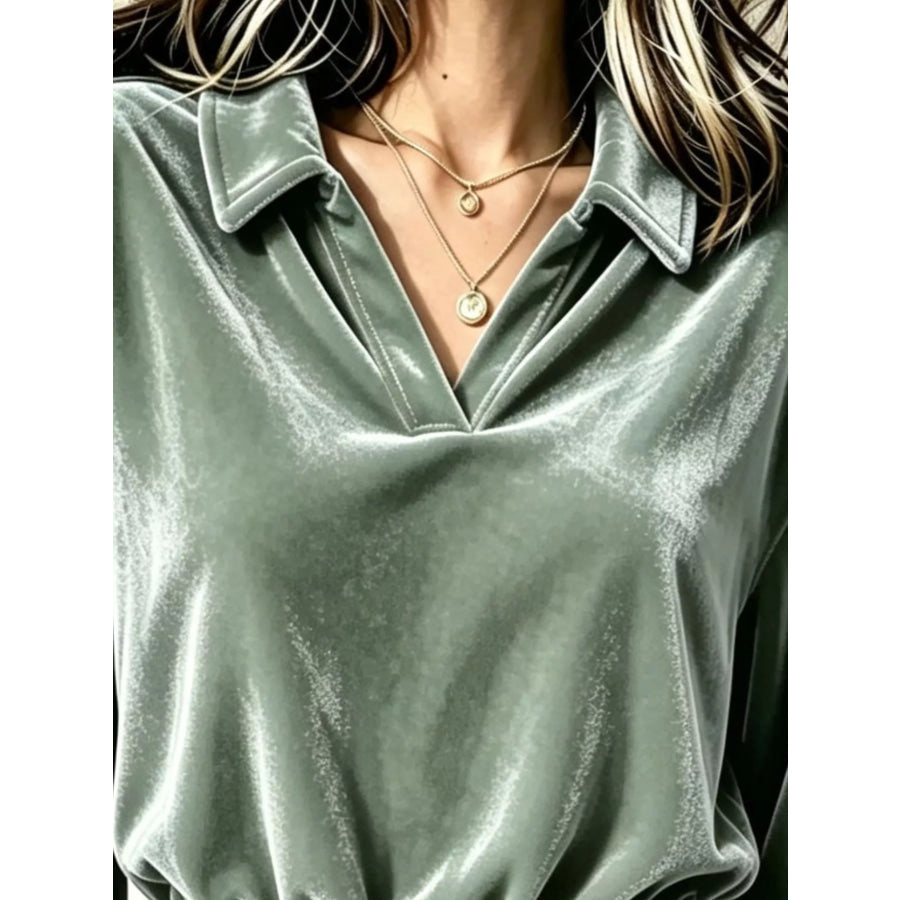 Velvet Johnny Collar Long Sleeve Blouse Apparel and Accessories