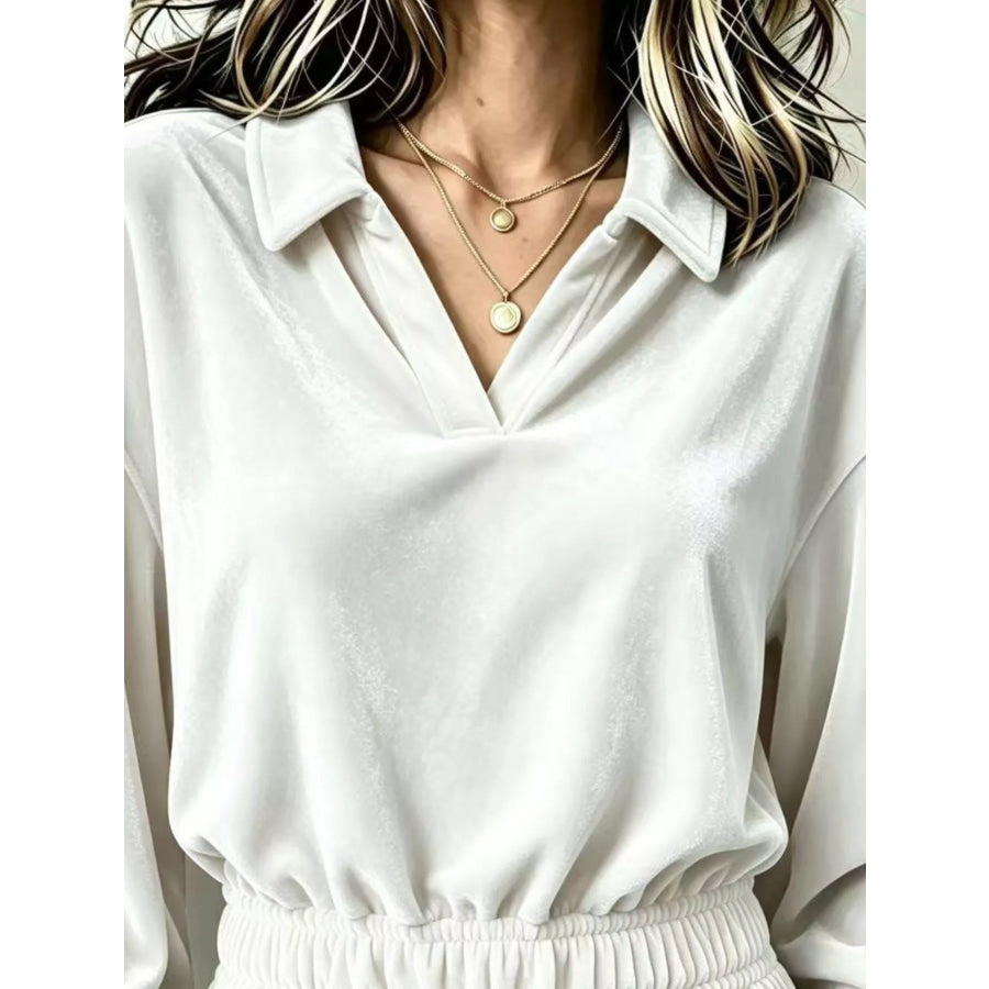 Velvet Johnny Collar Long Sleeve Blouse Apparel and Accessories