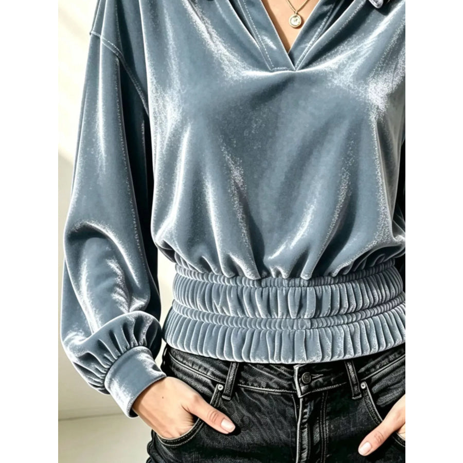 Velvet Johnny Collar Long Sleeve Blouse Apparel and Accessories