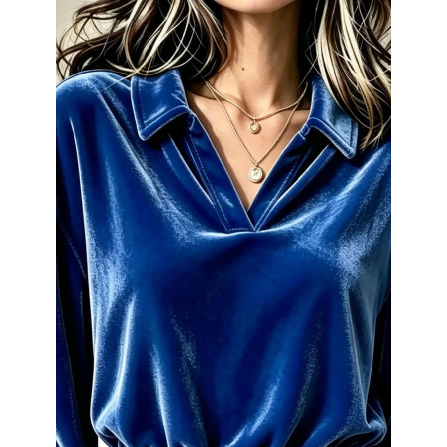 Velvet Johnny Collar Long Sleeve Blouse Apparel and Accessories