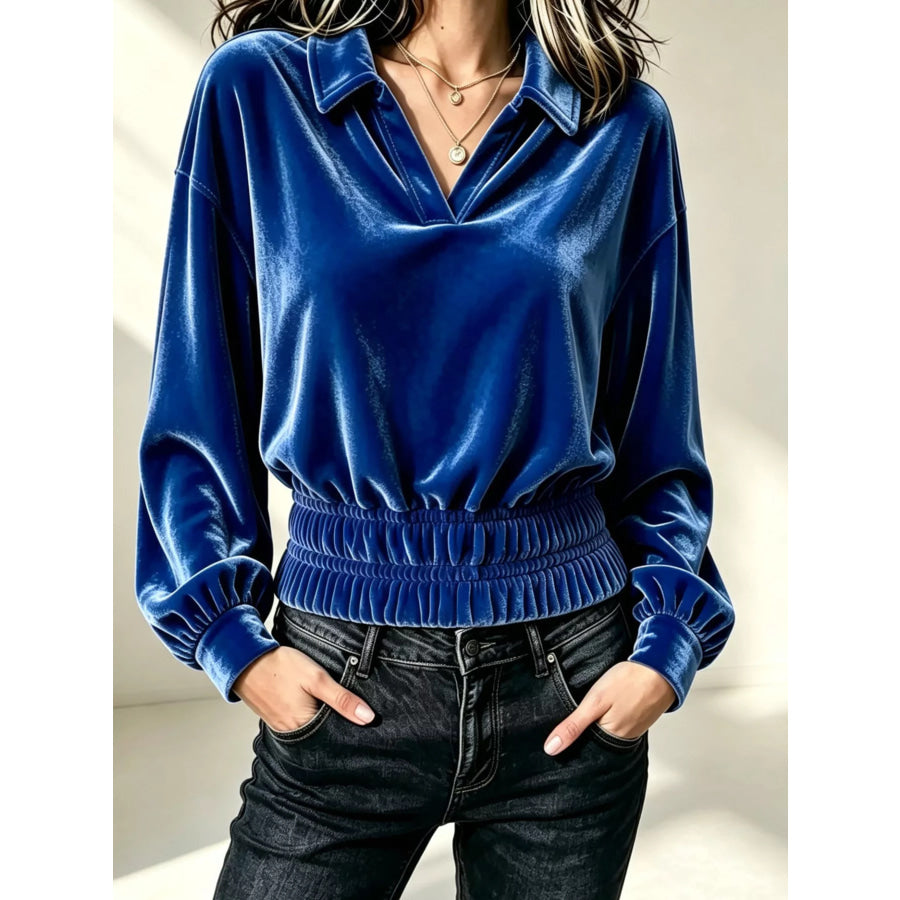 Velvet Johnny Collar Long Sleeve Blouse Blue / S Apparel and Accessories