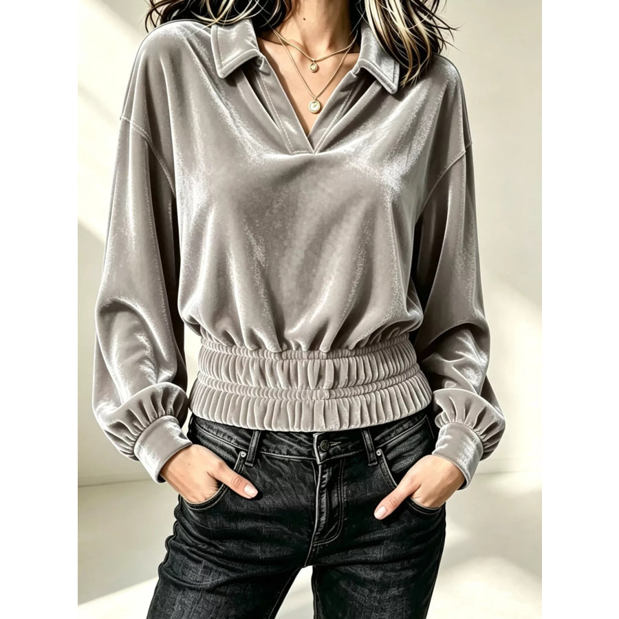 Velvet Johnny Collar Long Sleeve Blouse Gray / S Apparel and Accessories