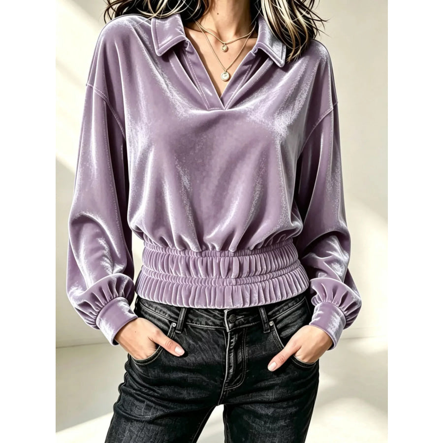 Velvet Johnny Collar Long Sleeve Blouse Lavender / S Apparel and Accessories