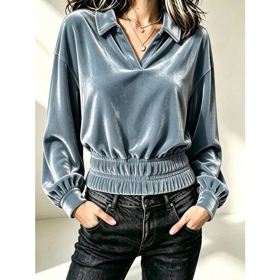 Velvet Johnny Collar Long Sleeve Blouse Sky Blue / S Apparel and Accessories