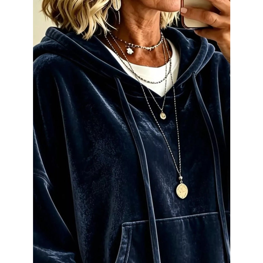 Velvet Kangaroo Pocket Drawstring Hoodie Apparel and Accessories