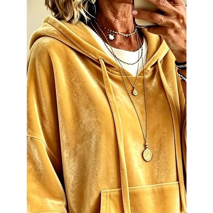 Velvet Kangaroo Pocket Drawstring Hoodie Apparel and Accessories