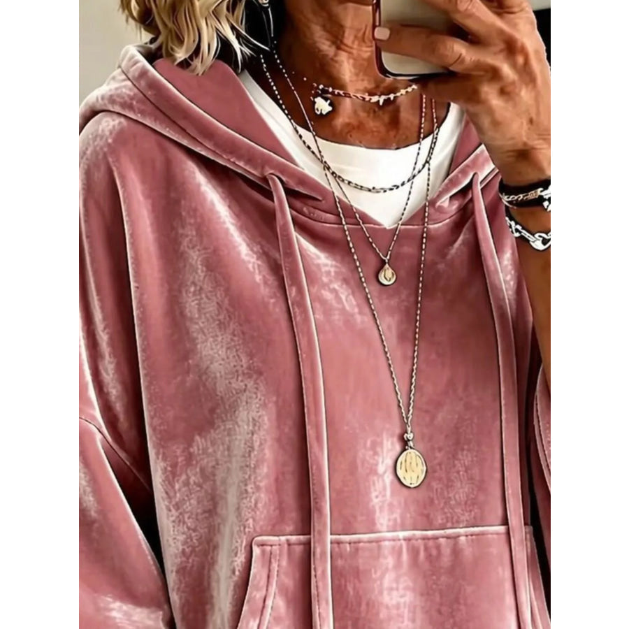Velvet Kangaroo Pocket Drawstring Hoodie Apparel and Accessories