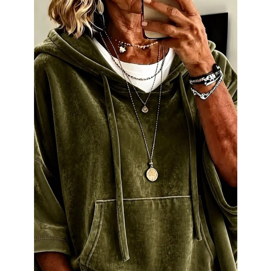 Velvet Kangaroo Pocket Drawstring Hoodie Apparel and Accessories