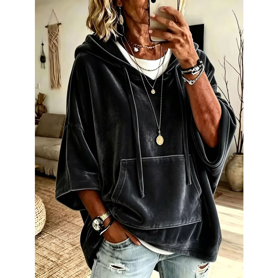 Velvet Kangaroo Pocket Drawstring Hoodie Black / S Apparel and Accessories