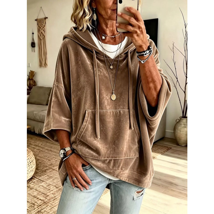 Velvet Kangaroo Pocket Drawstring Hoodie Camel / S Apparel and Accessories