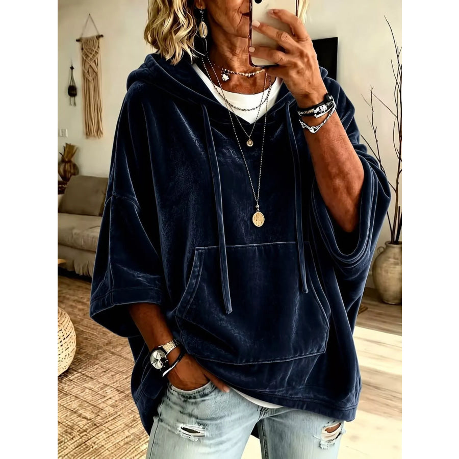 Velvet Kangaroo Pocket Drawstring Hoodie Navy / S Apparel and Accessories