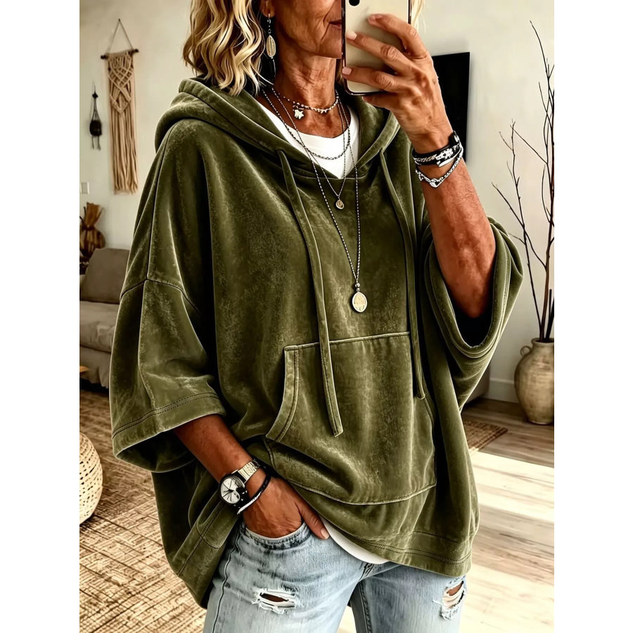 Velvet Kangaroo Pocket Drawstring Hoodie Olive / S Apparel and Accessories