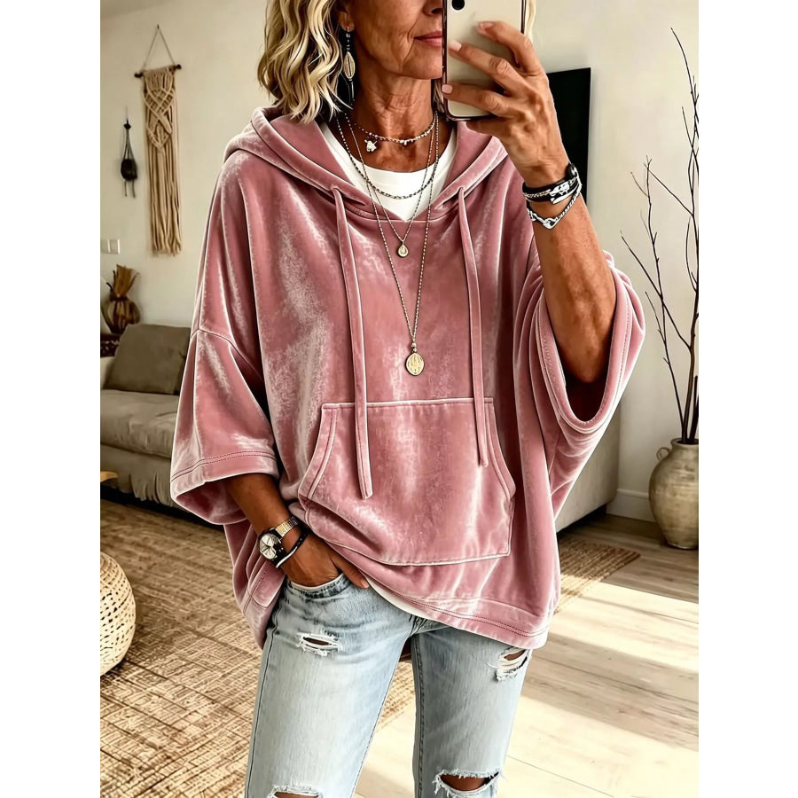 Velvet Kangaroo Pocket Drawstring Hoodie Pink / S Apparel and Accessories