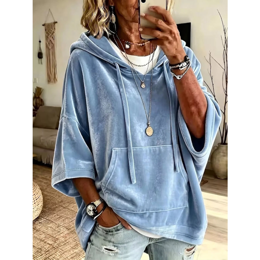 Velvet Kangaroo Pocket Drawstring Hoodie Sky Blue / S Apparel and Accessories
