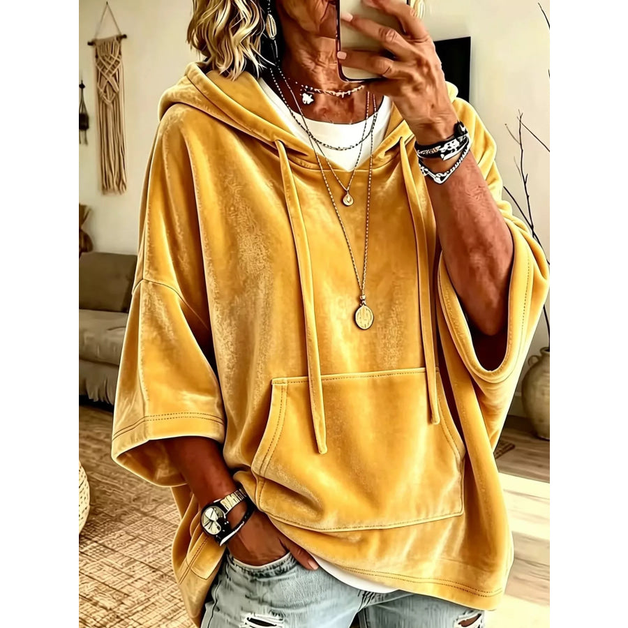 Velvet Kangaroo Pocket Drawstring Hoodie Yellow / S Apparel and Accessories