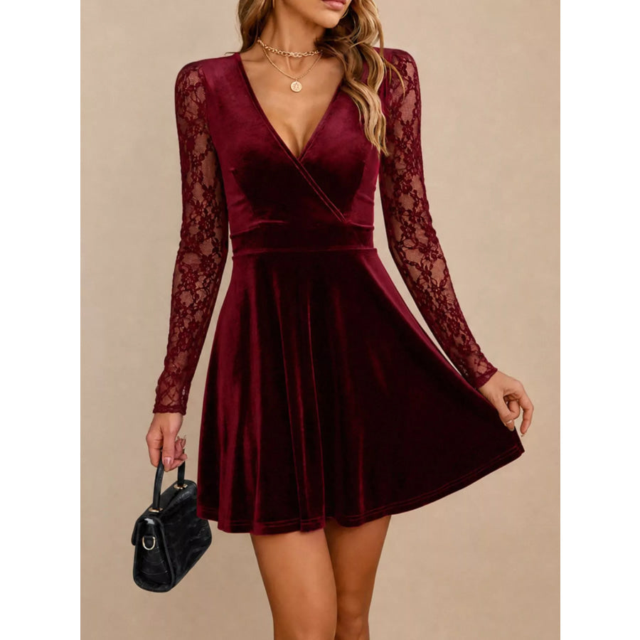 Velvet Lace Long Sleeve Mini Dress Apparel and Accessories