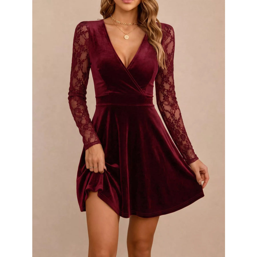 Velvet Lace Long Sleeve Mini Dress Apparel and Accessories