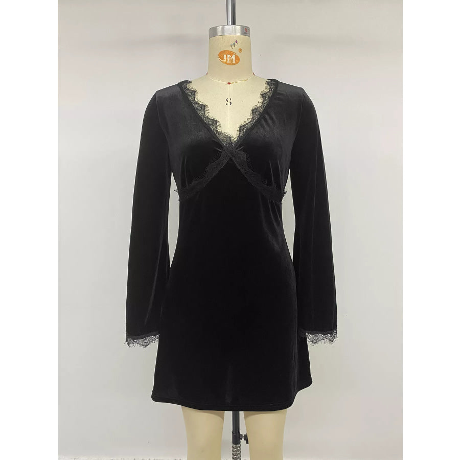 Velvet Lace Trim V-Neck Mini Dress Apparel and Accessories