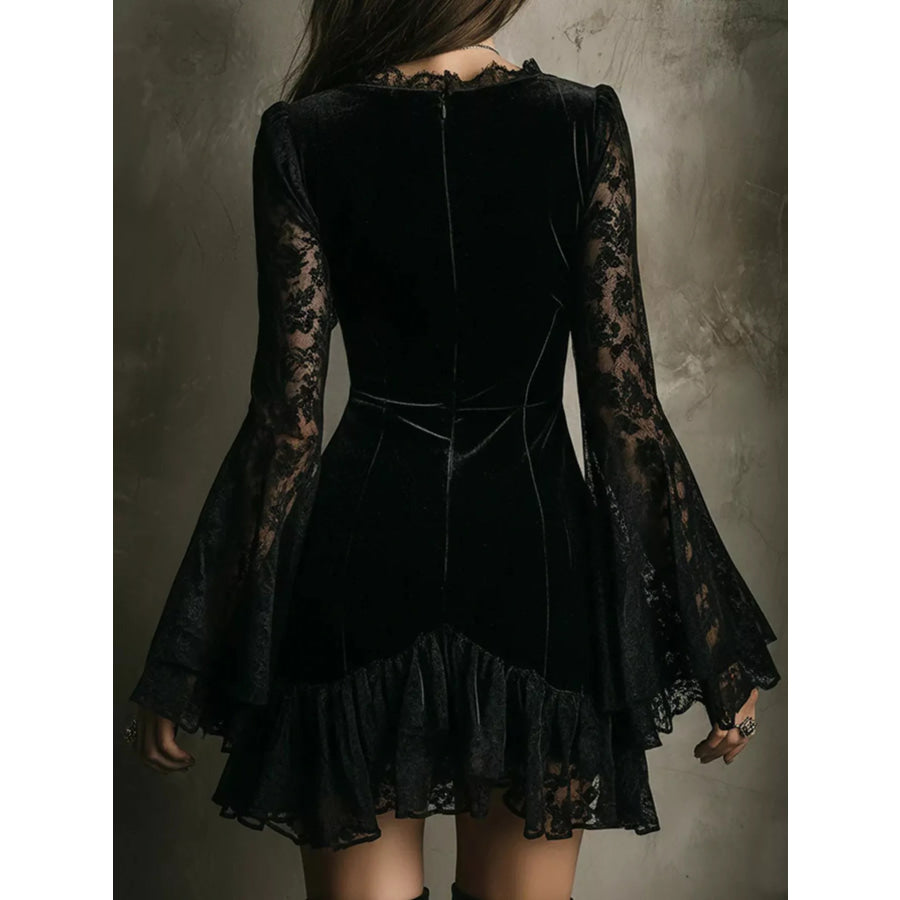Velvet Lace Trim V-Neck Mini Dress Apparel and Accessories