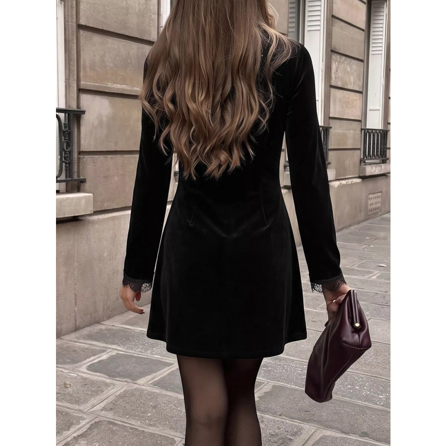 Velvet Lace Trim V-Neck Mini Dress Apparel and Accessories