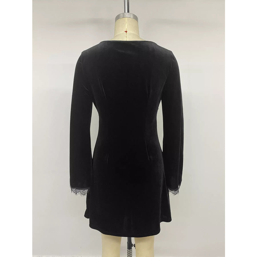 Velvet Lace Trim V-Neck Mini Dress Apparel and Accessories