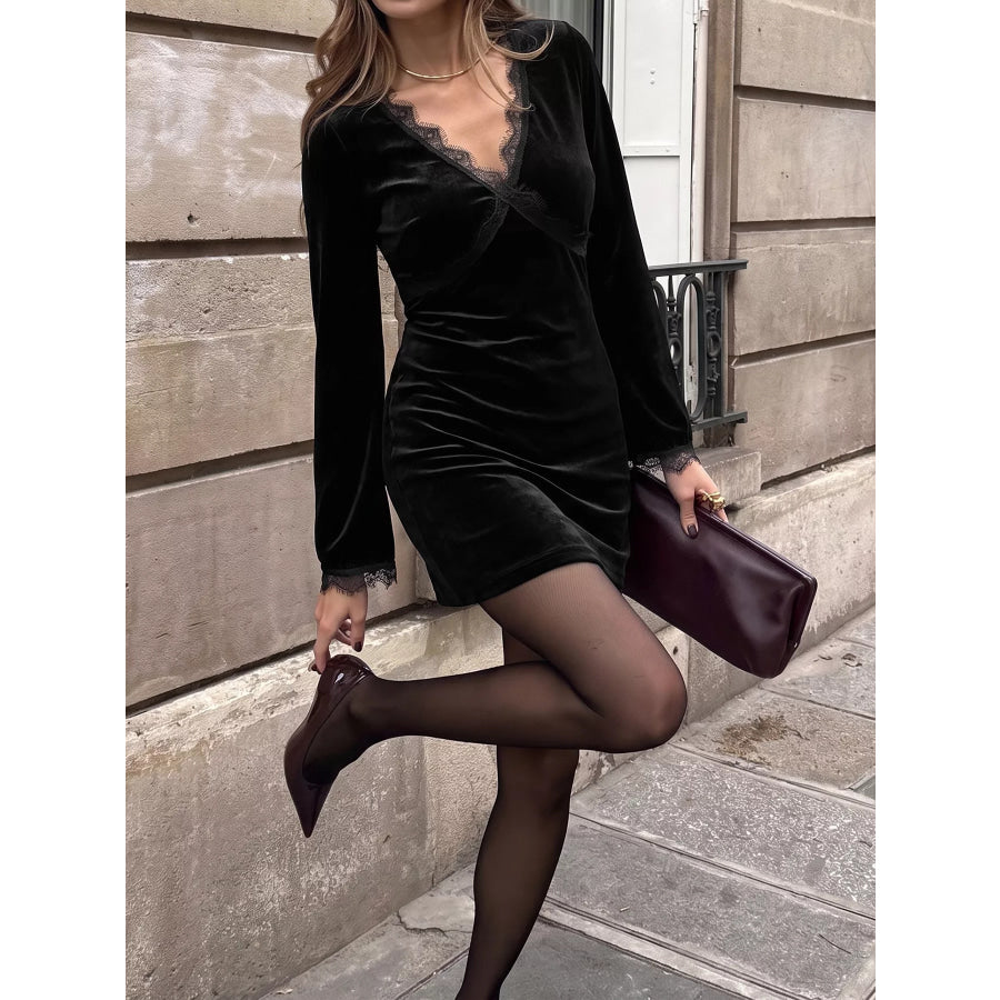 Velvet Lace Trim V-Neck Mini Dress Black / S Apparel and Accessories
