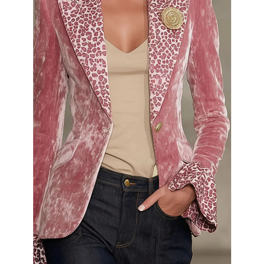 Velvet Leopard Lapel Collar One Button Blazer Apparel and Accessories