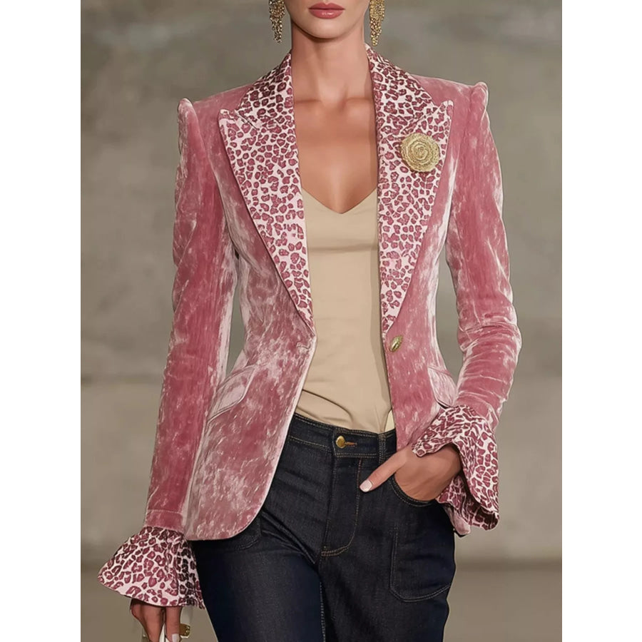 Velvet Leopard Lapel Collar One Button Blazer Dusty Pink / S Apparel and Accessories