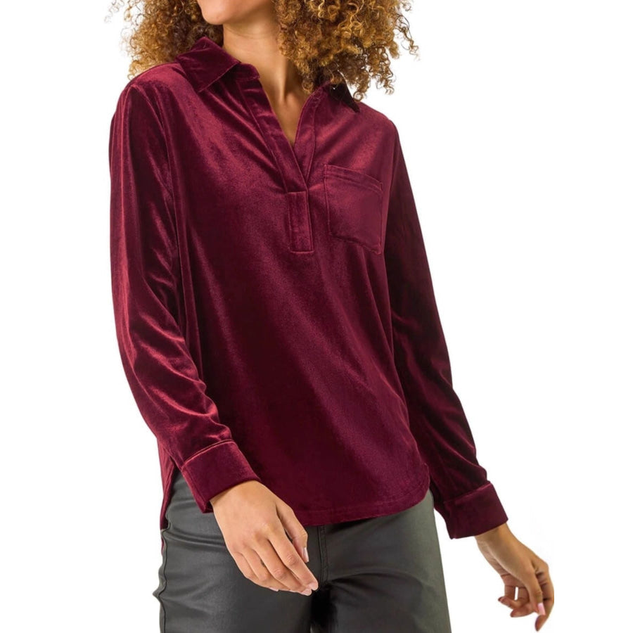 Velvet Long Sleeve Blouse Wine Red / S Apparel and Accessories