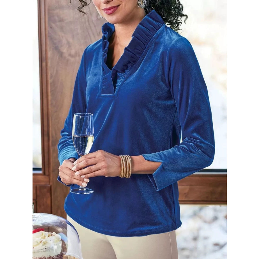 Velvet Long Sleeve Blouse with Ruffled V-Neck Blue / S