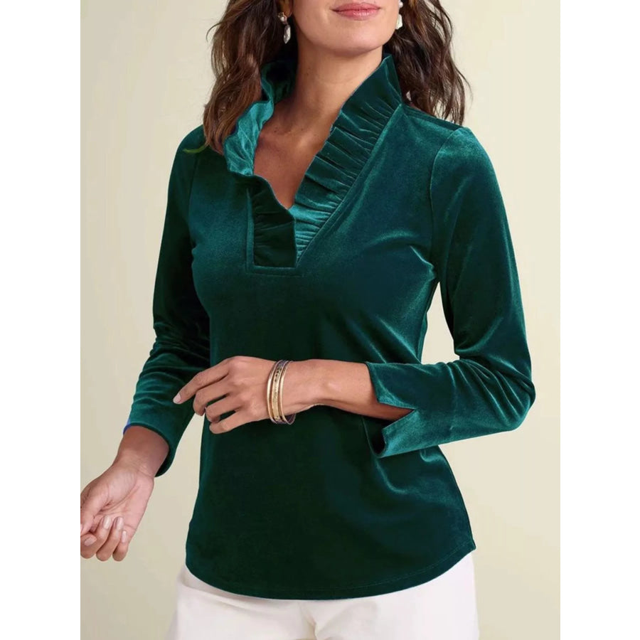 Velvet Long Sleeve Blouse with Ruffled V-Neck Dark Green / S