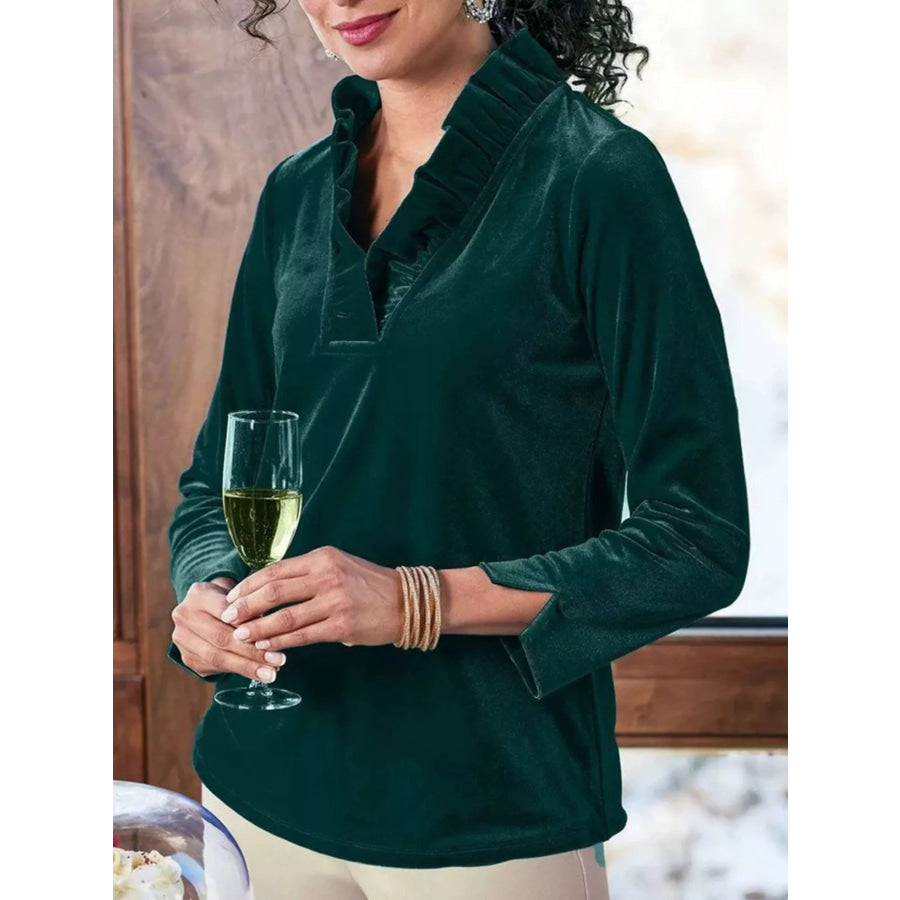 Velvet Long Sleeve Blouse with Ruffled V-Neck